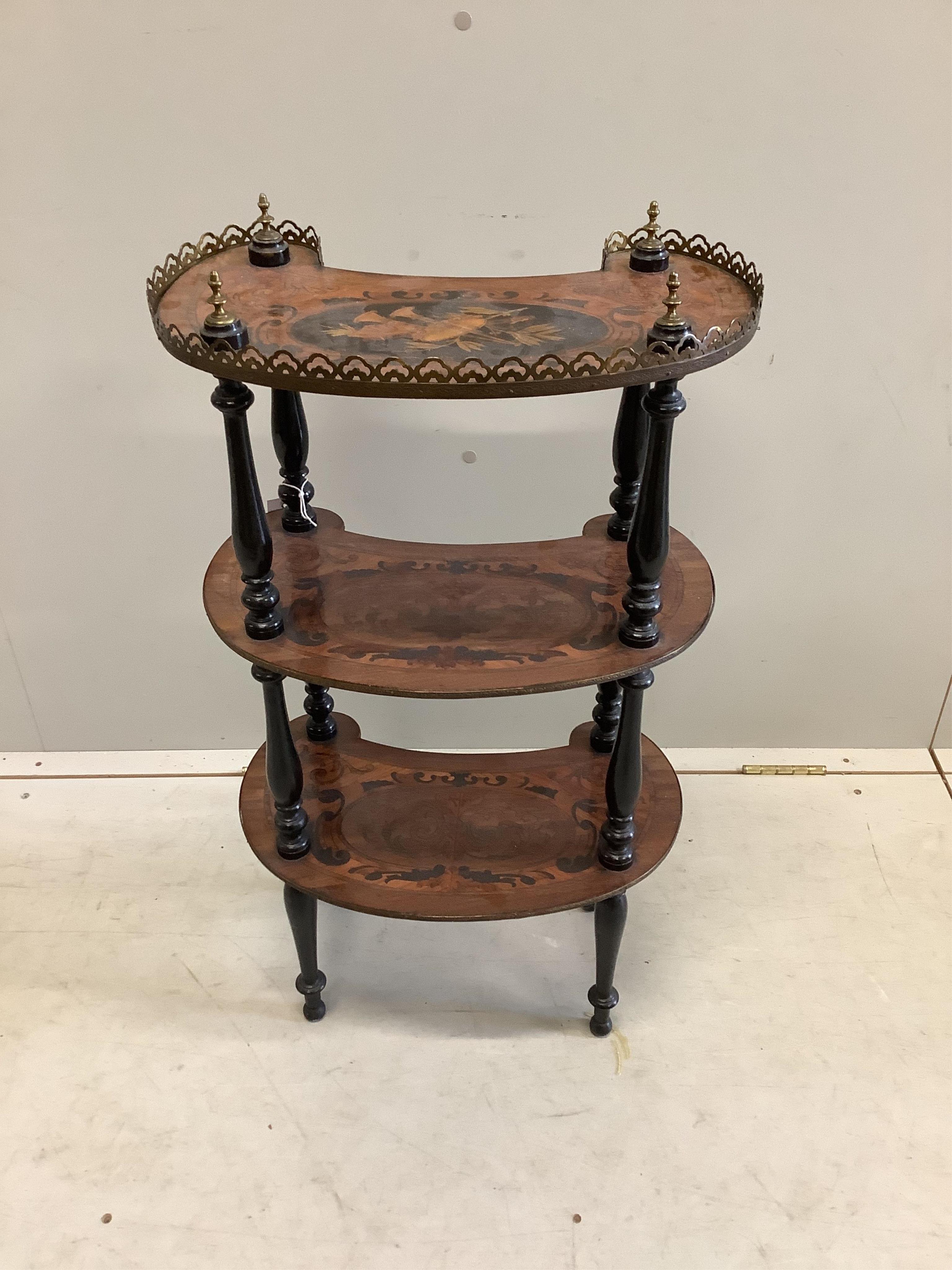 An early 20th century French marquetry inlaid three tier etagere, width 45cm, depth 26cm, height 81cm together with a reproduction marquetry inlaid kingwood side table. Condition - fair
